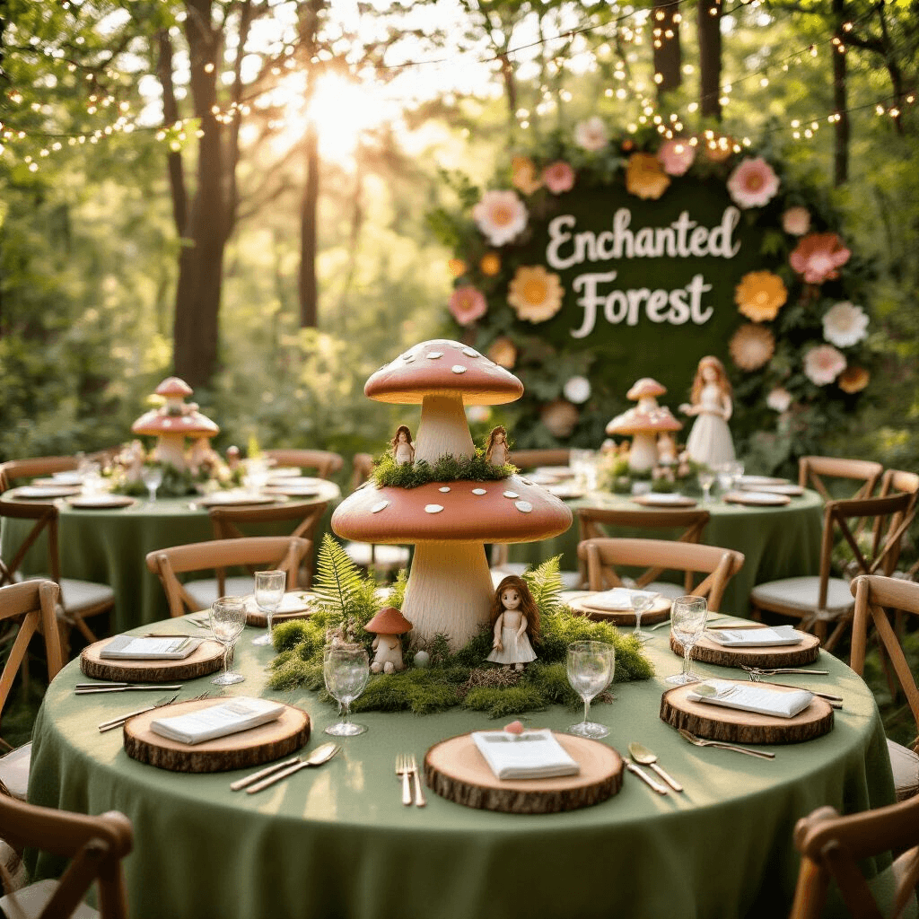 A whimsical woodland-inspired birthday party in a sunlit garden, featuring round tables with moss-green linens, toadstool centerpieces, fairy lights overhead, and a towering mushroom-shaped cake surrounded by woodland figurines. The scene captures golden hour light, with rich textures of burlap and velvet, alongside a custom 'Enchanted Forest' backdrop of oversized paper flowers and mushrooms.