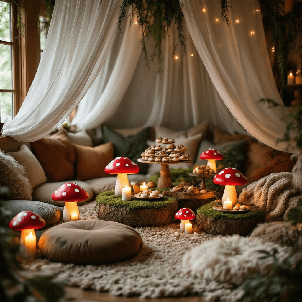 An intimate mushroom-themed celebration in a cozy living room, featuring plush floor cushions, low tables with red and white spotted lanterns, candlelit moss-covered jar votives, a dessert cart with woodland-inspired treats, and a sheer canopy overhead, all captured from a low angle highlighting handcrafted toadstool place cards and soft knit blankets.