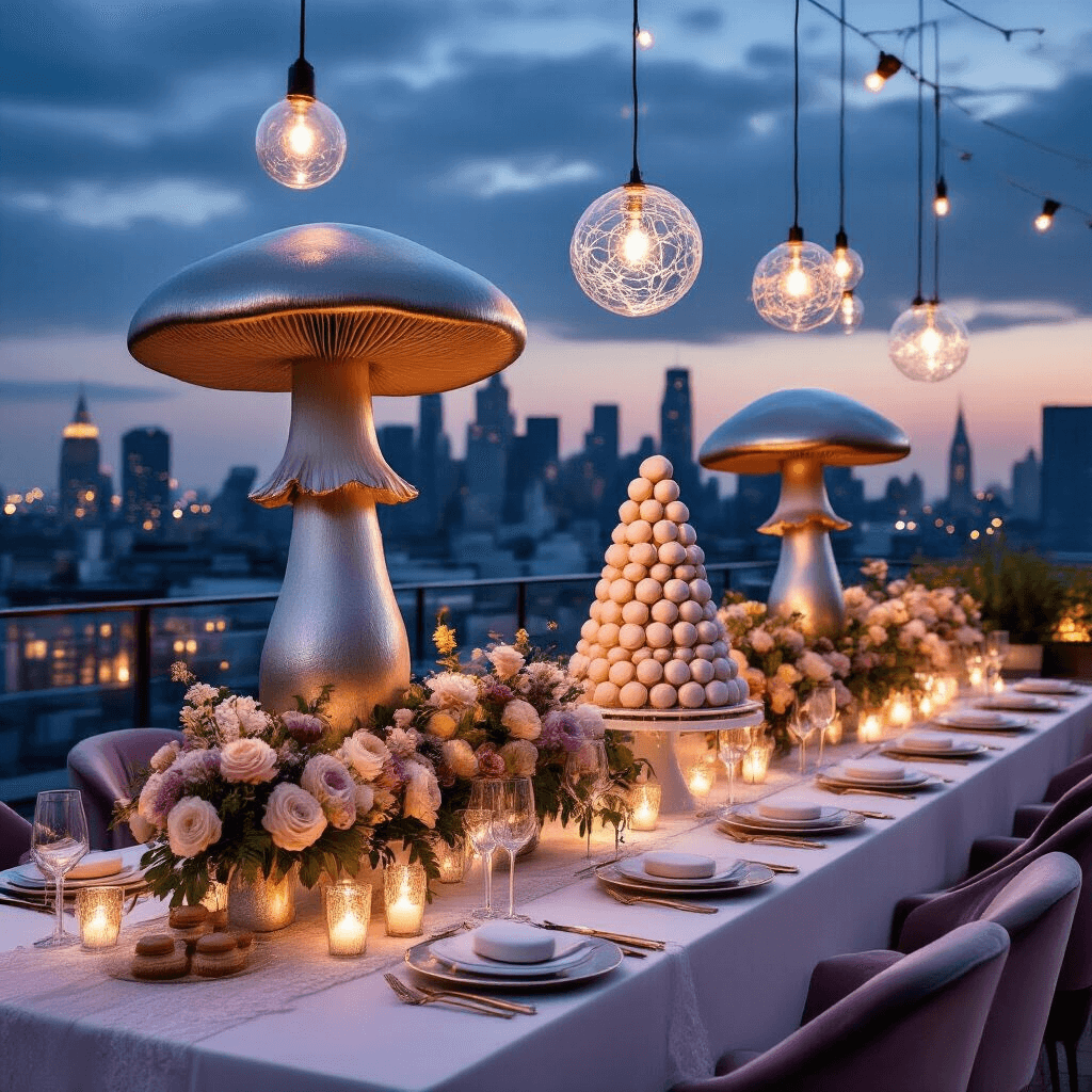 A luxurious mushroom-themed soirée on a chic rooftop terrace at twilight, featuring long tables with white linens, oversized metallic mushroom sculptures, pastel florals, twinkling lights, a sleek dessert table with mushroom-shaped macarons, and a croquembouche decorated with spun sugar.