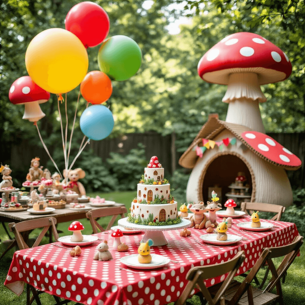 A whimsical children's birthday party set in a sunlit backyard, featuring vintage tables with red polka dot linens, oversized balloon mushrooms, a DIY cardboard mushroom playhouse, and a fantastical tiered cake surrounded by woodland creature cookies.