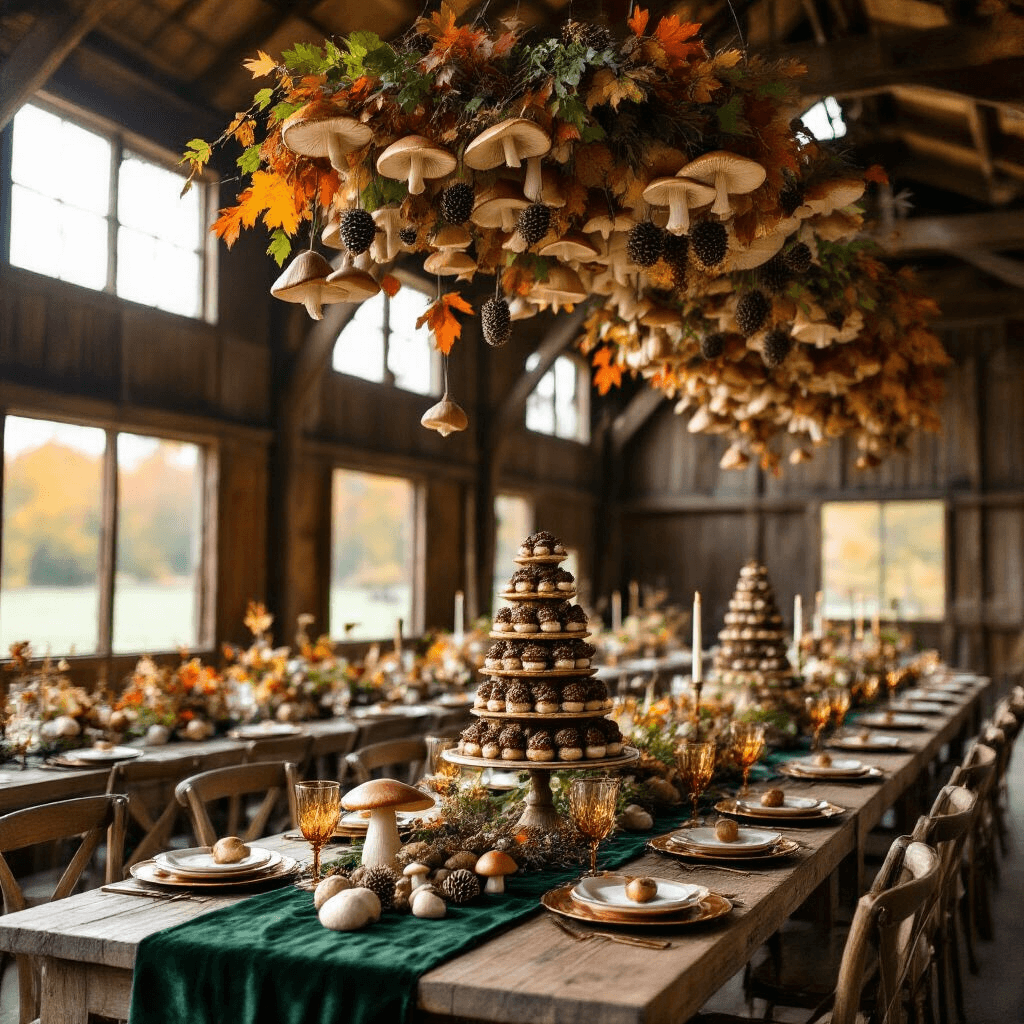 An elegant autumn celebration in a rustic barn with mushroom-themed decor, featuring long tables with green velvet runners, foraged mushroom centerpieces, and a canopy of dried mushrooms and leaves, all illuminated by soft golden hour light.
