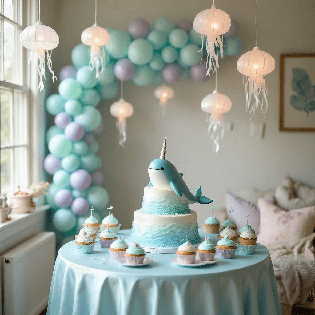 A whimsical narwhal-themed birthday party in a cozy living room with soft morning light, featuring a round table with a tiered narwhal cake, iridescent cupcakes, and a pastel balloon garland, alongside jellyfish lanterns and an underwater mural backdrop.