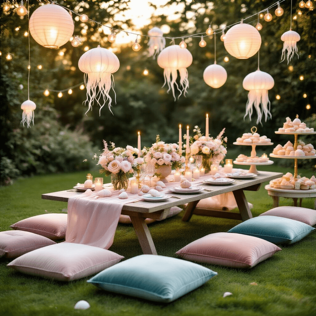 An enchanting garden party at golden hour, featuring a low picnic table adorned with a pale pink linen runner, seashells, and crystals, surrounded by plush cushions. Ethereal centerpieces of pastel flowers and floating candles are highlighted under fairy lights and jellyfish-shaped lanterns, with a dessert cart nearby showcasing ocean-inspired treats.