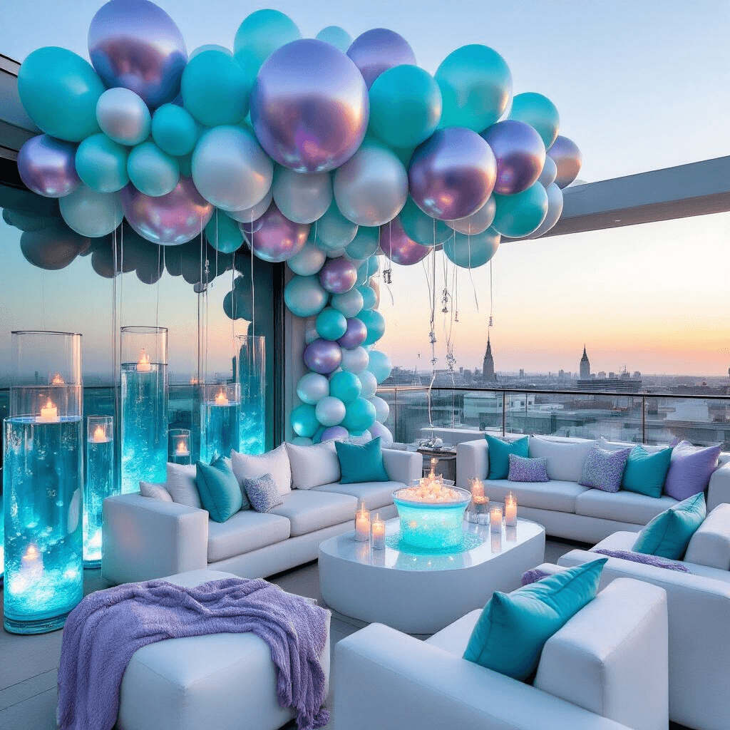 A modern rooftop terrace transformed into a narwhal-themed party paradise, featuring sleek white lounge furniture with aqua and lavender accents, a bubble-inspired balloon installation, a punch bowl resembling an aquarium, and tall glass cylinders with blue water and floating candles, captured from an overhead perspective.