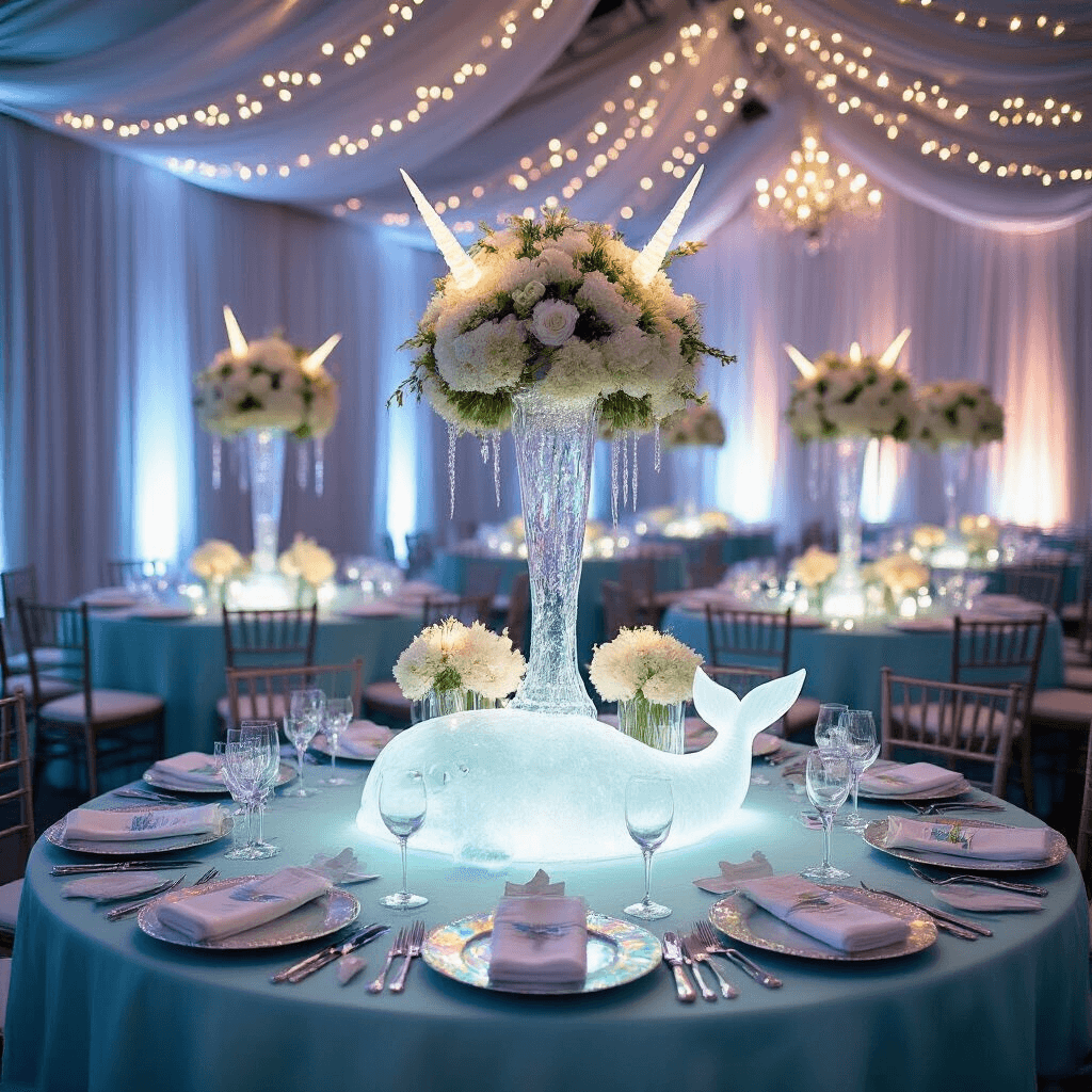 A luxurious indoor ballroom decorated for a grand narwhal celebration, featuring twinkling lights, ombre table linens, elegant floral centerpieces, iridescent place settings, and a stunning narwhal ice sculpture at the dessert table, all enveloped in sheer drapery panels in cool colors.