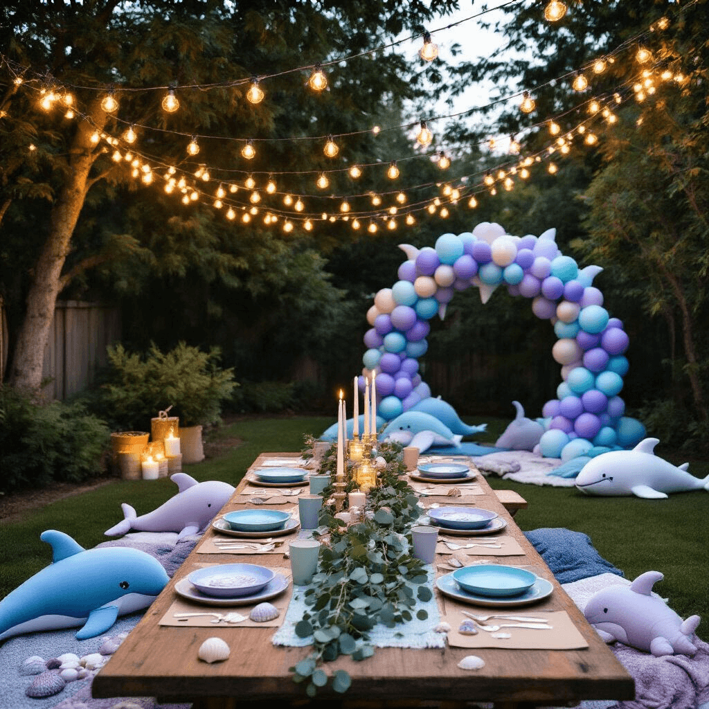 A cozy narwhal-themed birthday celebration in a stylish backyard at twilight, featuring string lights overhead, a rustic table with eucalyptus and seashells, hand-drawn narwhal placemats, a DIY photo booth with balloon arch, plush narwhal toys, and a s'mores station with colorful marshmallows.