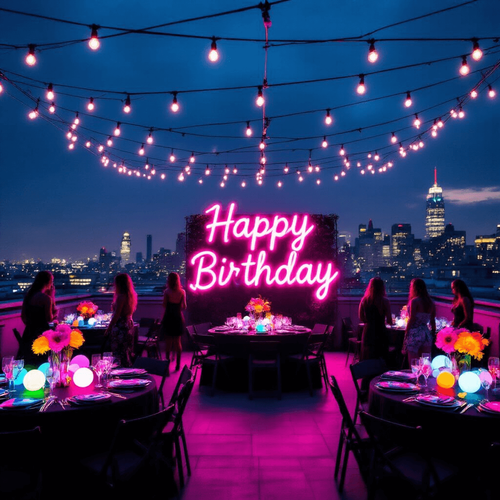 A vibrant birthday celebration on a dimly lit urban rooftop, featuring a neon wonderland with LED lights, glowing orbs, and UV-reactive treats, amidst a lively atmosphere and a city skyline backdrop.