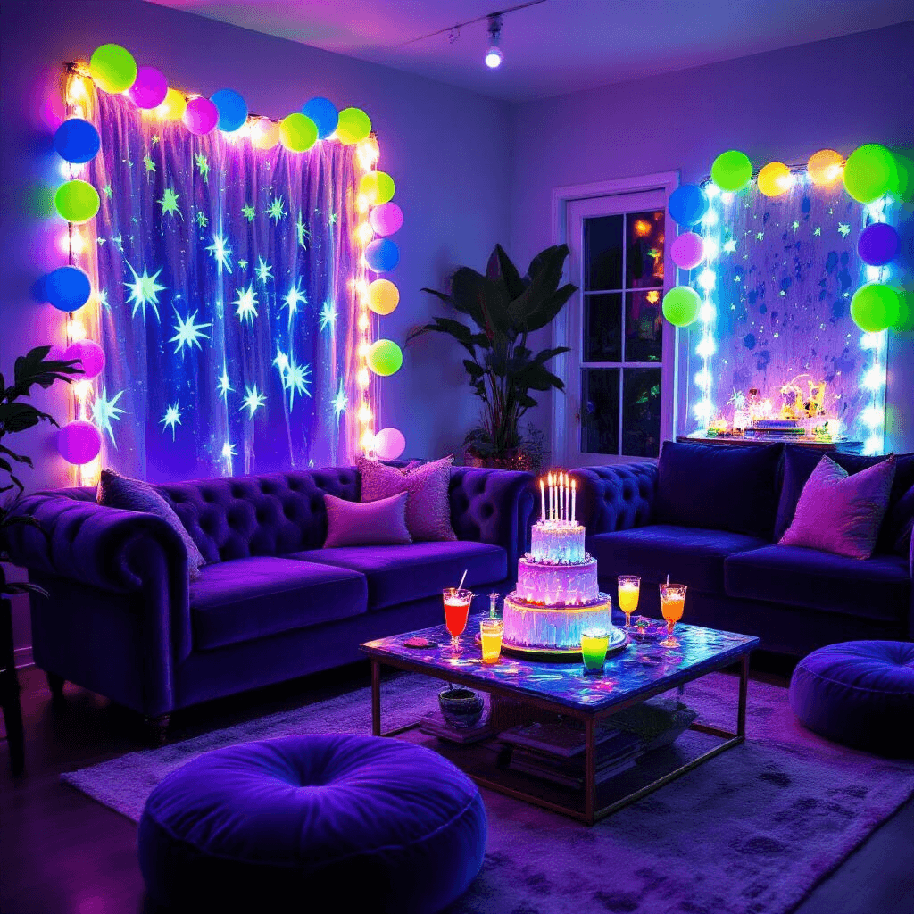 An intimate living room with plush velvet sofas and floor cushions in jewel tones, illuminated by soft UV lights for a cozy neon birthday gathering, featuring neon balloon garlands, a DIY photo booth with glow-in-the-dark paint splatters, and a coffee table displaying a tiered birthday cake with LED candles and glowing cocktails.