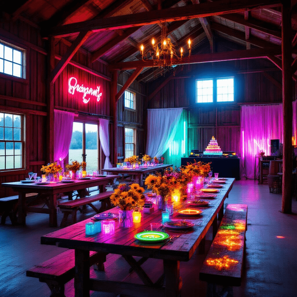 A vibrant barn interior transformed into a neon party space at golden hour, featuring sunlight streaming through windows, neon tableware, wildflower centerpieces in UV-reactive vases, a glow-stick-adorned dessert cart, and a DJ booth with rhythm-reactive lights, all captured in a cinematic wide shot.