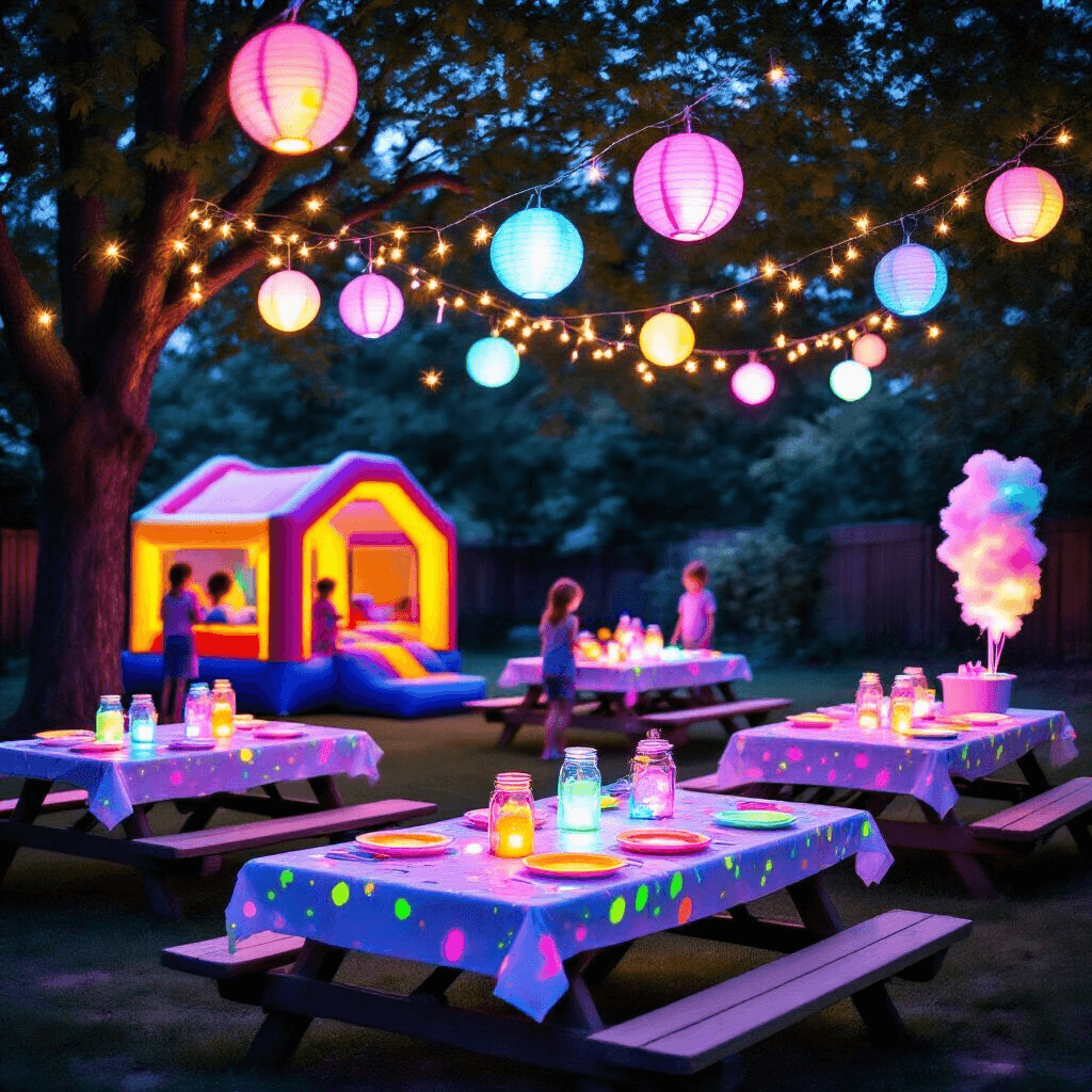 A whimsical backyard birthday party for children at twilight, featuring a canopy of trees adorned with fairy lights and neon lanterns, low picnic tables with neon-splattered tablecloths, glowing Mason jar centerpieces, a lit bounce house, a UV-reactive face-painting station, and a spinning cotton candy machine, all captured from a slight overhead angle to showcase the playful layout and enchanting atmosphere.