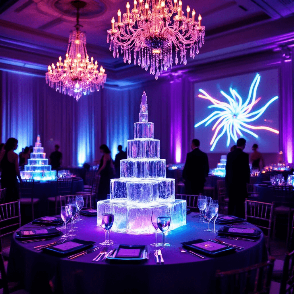 An elegant ballroom transformed for a neon-themed birthday gala, featuring color-changing crystal chandeliers, ombré table linens, neon-lit ice sculptures, a glowing champagne tower, and guests in black-tie attire with subtle neon accents.