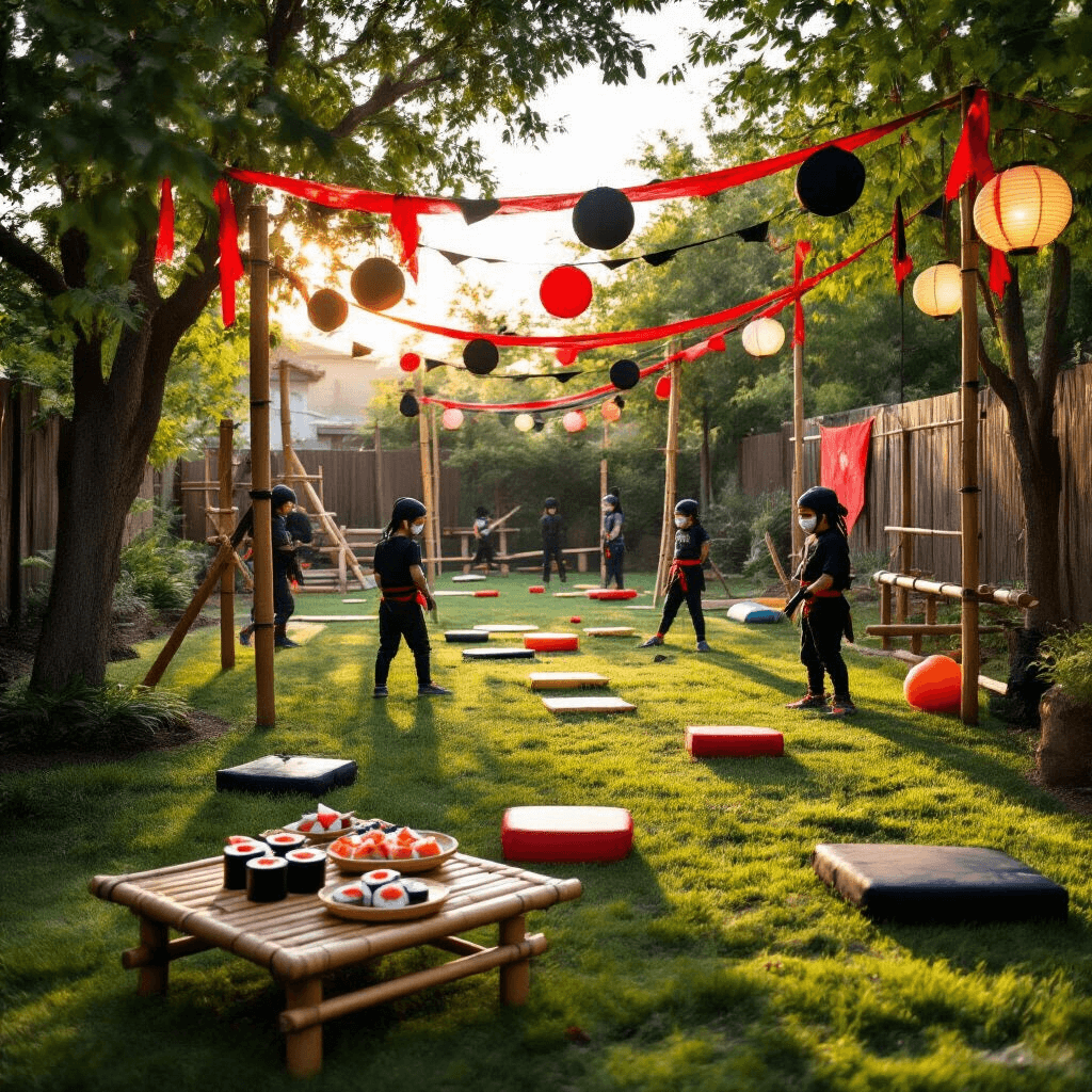 A vibrant backyard ninja training ground at golden hour, featuring wooden obstacles, balance beams, foam targets, a laser maze with streamers, and children in DIY ninja masks enjoying sushi-shaped treats and origami stars under soft paper lantern light.