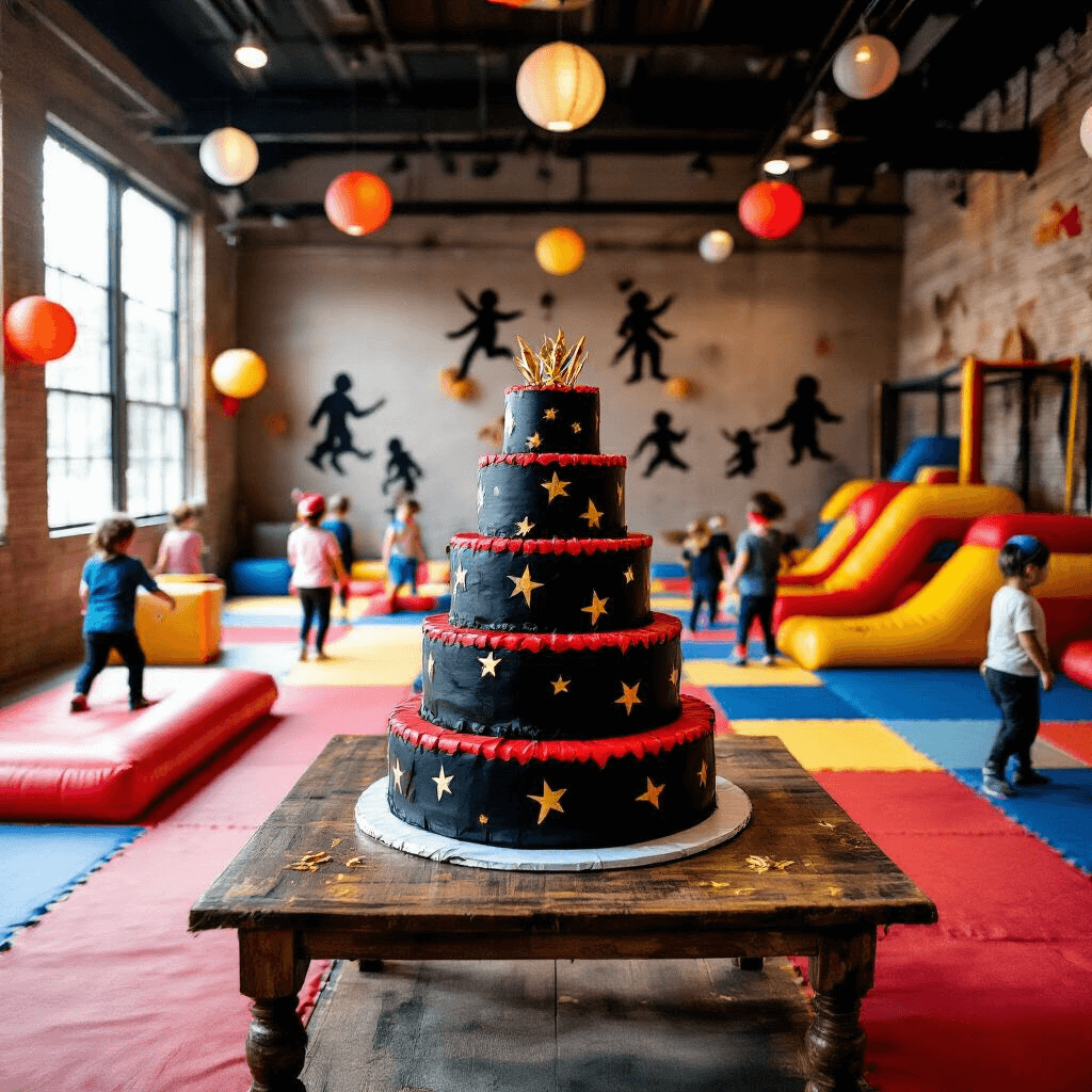 A vibrant indoor play gym converted into a ninja party zone featuring primary-colored mats and inflatable obstacles. A grand black and red three-tiered cake with gold shurikens sits on a wooden table, surrounded by paper lanterns and cardboard ninja silhouettes. Children are captured mid-action on the obstacle course, wearing colorful headbands.