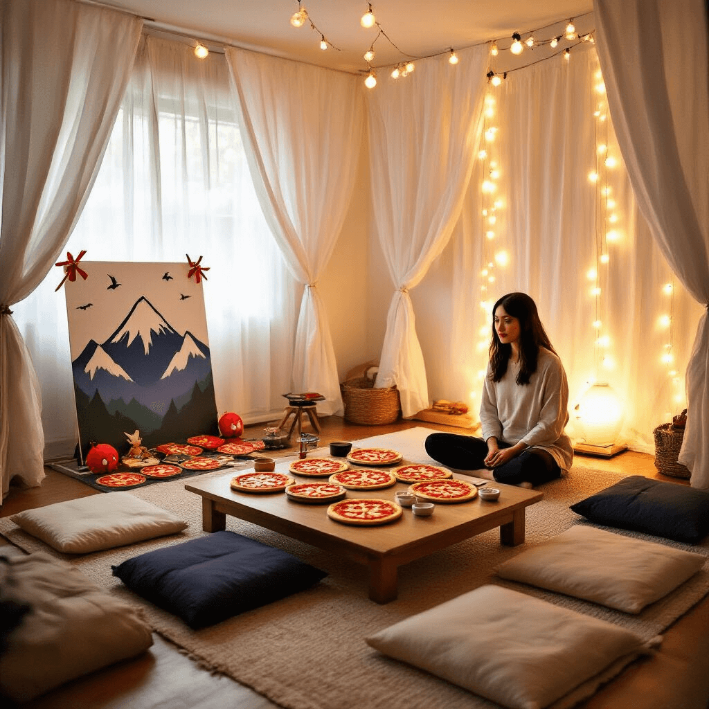 A cozy living room dojo featuring sheer white curtains dividing training zones, warm lighting, a low table with ninja star pizza and snacks, a DIY photo booth with a mountain backdrop and ninja props, and string lights overhead.