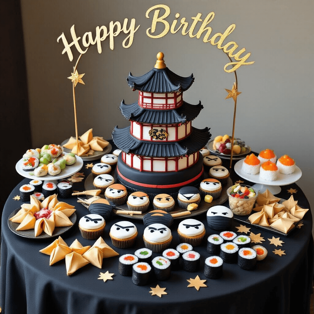 An overhead flatlay of a ninja-themed dessert table featuring a fondant pagoda cake, ninja face cupcakes, fortune cookies, star-shaped cookies, and fruit sushi rolls, surrounded by origami ninja stars and paper lanterns, with a gold calligraphy 'Happy Birthday' sign above.