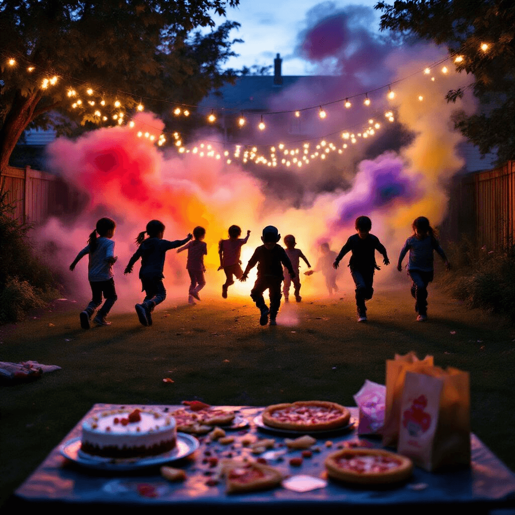 A cinematic dusk scene featuring children silhouetted against twinkling fairy lights, mid-leap during a ninja training exercise, with colorful smoke bombs in shades of red, purple, and yellow drifting in the air. In the foreground, a table displays remnants of a party feast, including half-eaten cake, scattered pizza crusts, and empty favor bags, signaling the end of an epic celebration.