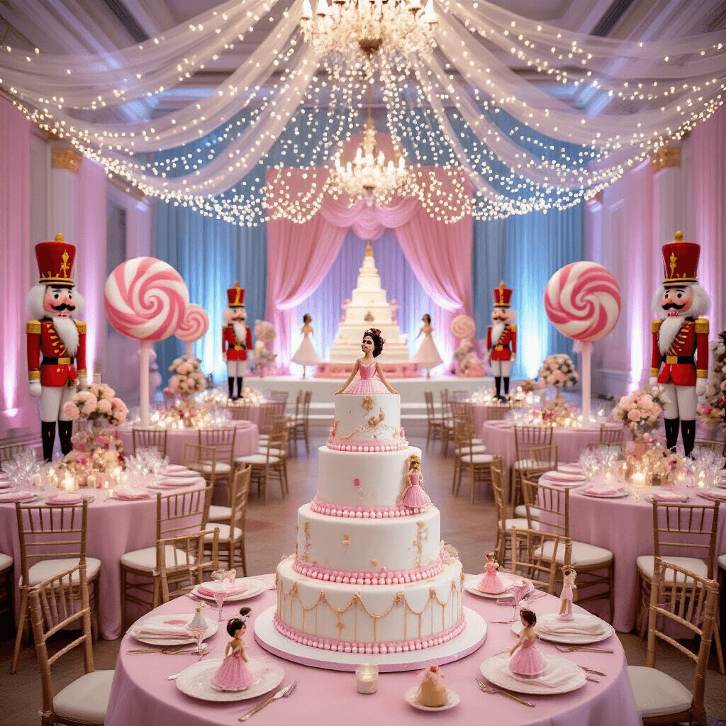 A grand ballroom transformed into the Land of Sweets with pastel pinks and blues, featuring oversized candy props, life-sized nutcracker figures, and a central dessert table. Tulle-draped tables with ballerina and fairy centerpieces, twinkling fairy lights overhead, and a stunning 3-tiered cake resembling the Nutcracker's uniform in the foreground.