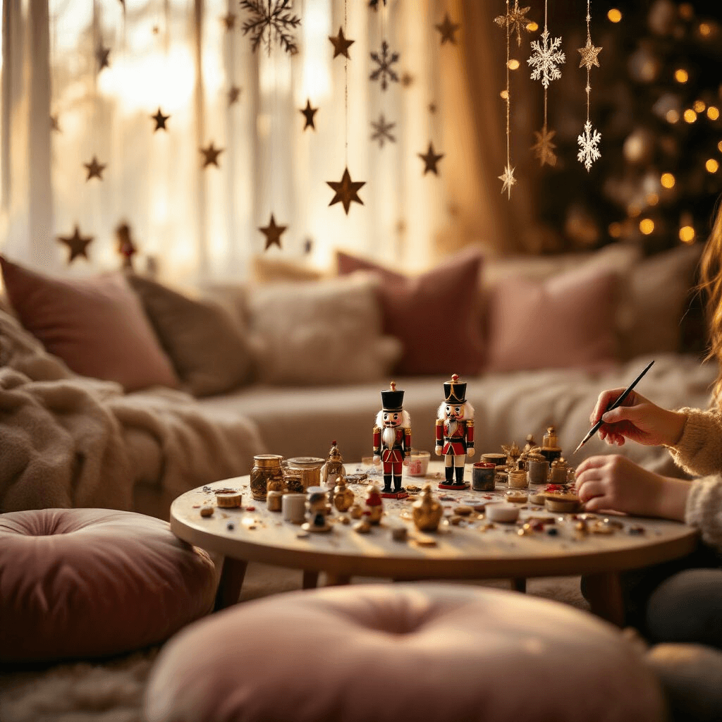 A cozy living room illuminated by warm golden light, featuring a craft corner with a low table surrounded by blush velvet cushions. Nutcracker figurines are scattered on the table alongside painting supplies, while metallic star and snowflake garlands hang from the ceiling. A close-up captures small hands delicately painting a nutcracker, with a soft blur of the enchanting scene in the background.
