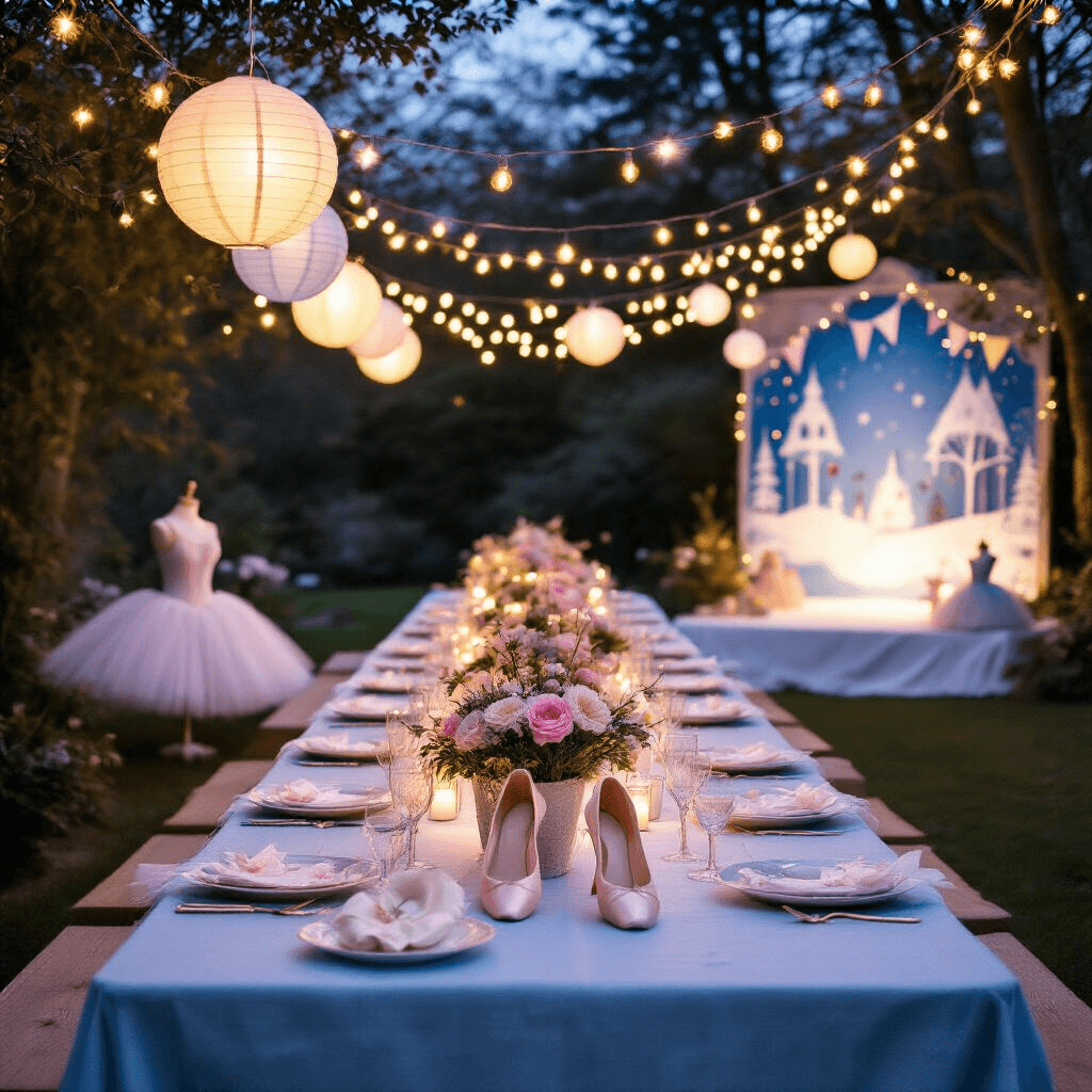 A whimsical outdoor garden party at dusk featuring picnic tables with icy blue linens, ballet slipper centerpieces filled with pastel flowers, strings of fairy lights, and a costume corner with tutus and tiaras, all under a twinkling canopy, captured from an overhead perspective.