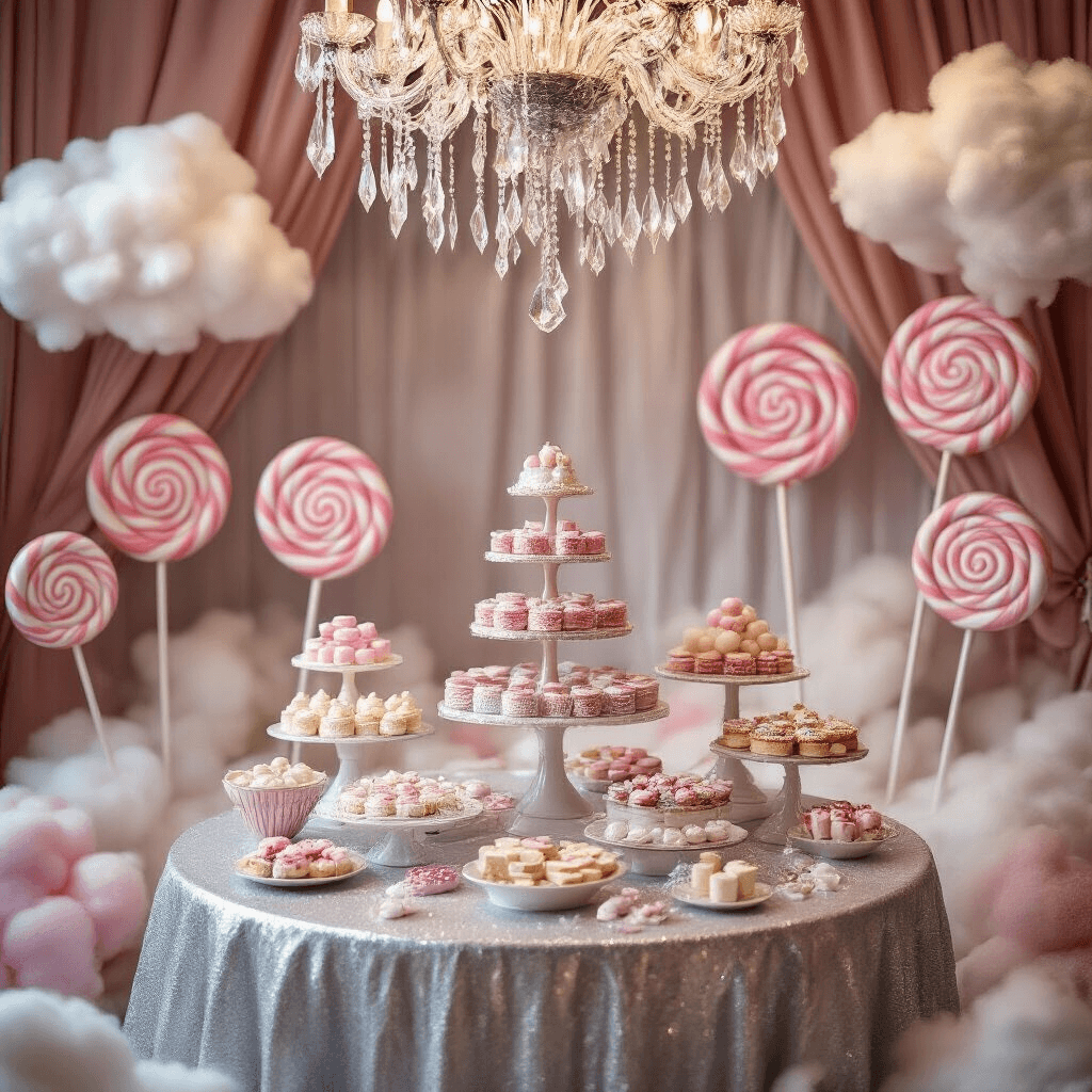 A whimsical dessert nook inspired by the Sugar Plum Fairy, featuring a round table draped in silver fabric, adorned with tiered cake stands of sweets, surrounded by life-sized lollipops and cotton candy clouds, with a chandelier of crystal icicles overhead, captured from a low angle to highlight the towering, sparkling dessert display.