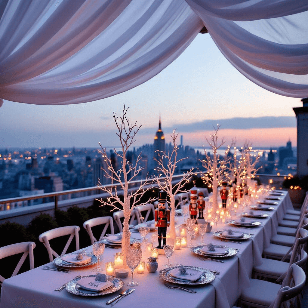 An elegant rooftop terrace transformed into a winter wonderland, featuring white drapery, frosted branch centerpieces, personalized nutcracker placecards, and a hot chocolate station, all illuminated by candlelight as twilight falls over the city.