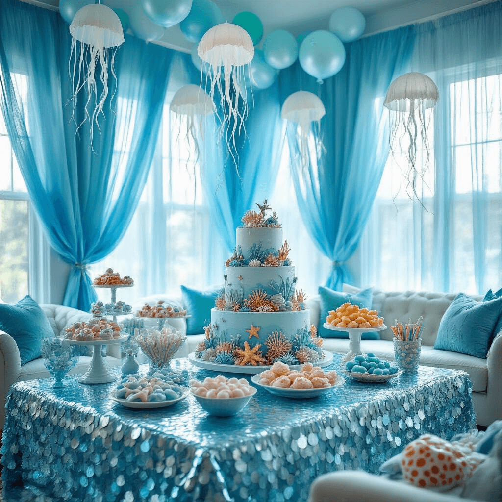 A sunlit living room transformed into an underwater-themed birthday party, featuring sheer blue curtains, a dessert table with a coral reef cake, jellyfish cupcakes, and starfish cookies, balloon garlands in ombré shades of blue and teal, handcrafted tissue paper jellyfish, a treasure chest coffee table with party favors, and shimmering silvery fish-scale tablecloths with glowing centerpieces.