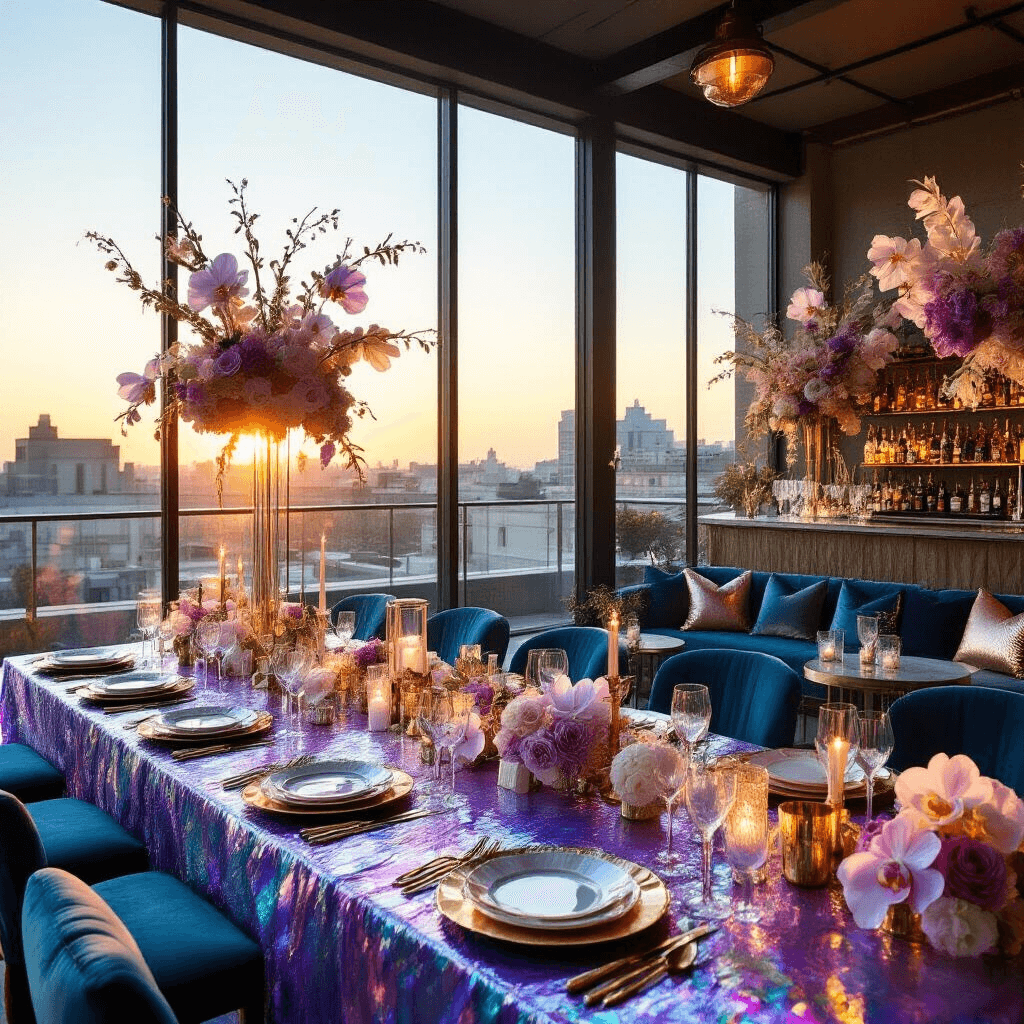 Chic rooftop terrace illuminated by golden hour sunlight, featuring iridescent dining tables, ghostwood and orchid centerpieces, low velvet seating, a nautical-inspired bar, and a backdrop of oversized paper flowers.