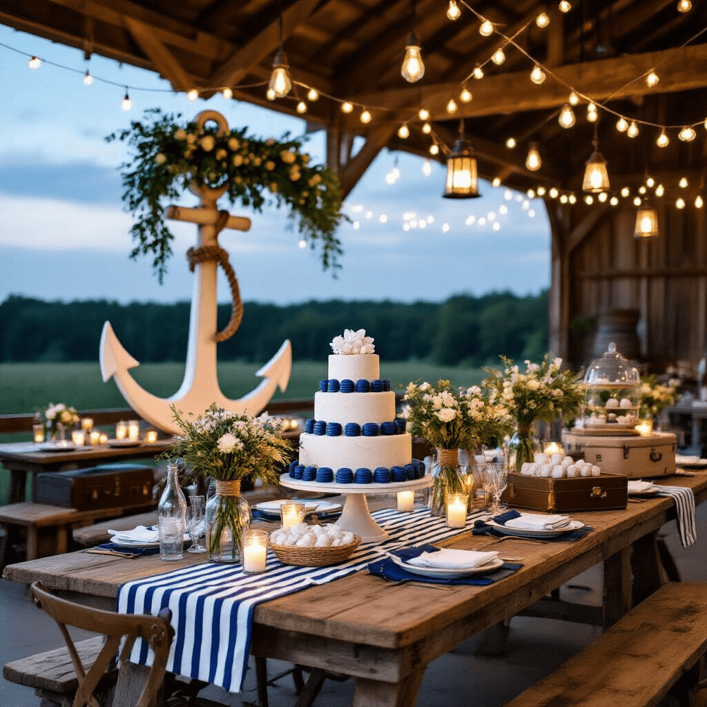 Nautical-themed rustic barn decorated for twilight with navy and white striped table runners, vintage bottle centerpieces, rope-wrapped candles, string lights, lanterns, a large greenery-adorned anchor, a ship's galley dessert station featuring a lighthouse cake, blue macarons, with vintage suitcases and steamer trunks as display stands.