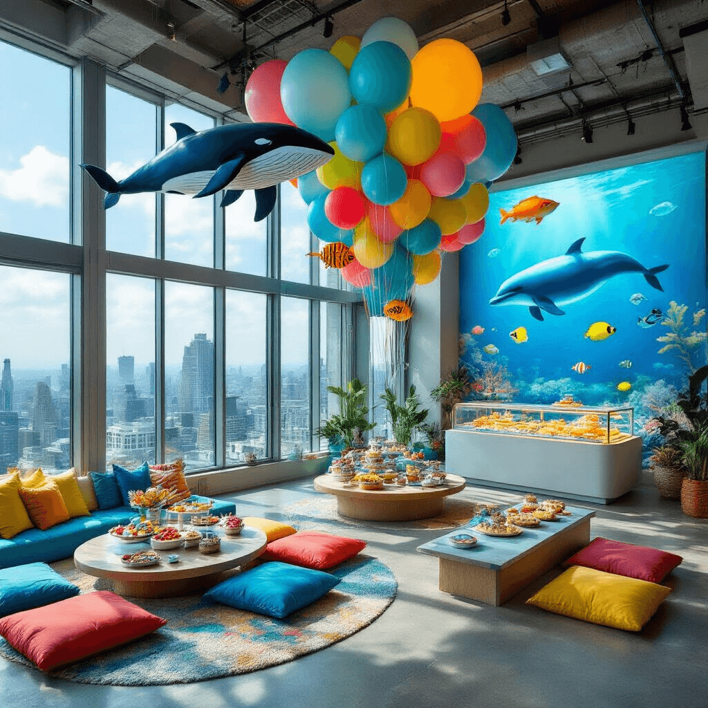A vibrant loft space designed for a sea animal safari, featuring colorful floor cushions, a balloon installation of marine life, and a 'touch tank' dessert station with cake pops and cookies, all set against a city view and dynamic underwater projections.