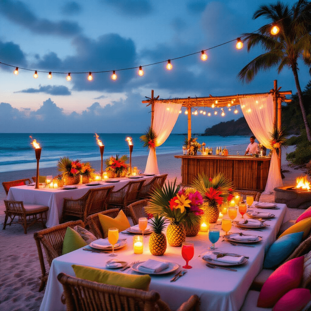 A vibrant beachfront celebration at dusk featuring tiki torches, globe lights, long tables with white linens, tropical flower centerpieces in pineapple vases, a bamboo arch with gauzy fabric, a vintage surfboard bar serving cocktails in coconut shells, and cozy lounge areas with rattan furniture and a fire pit.