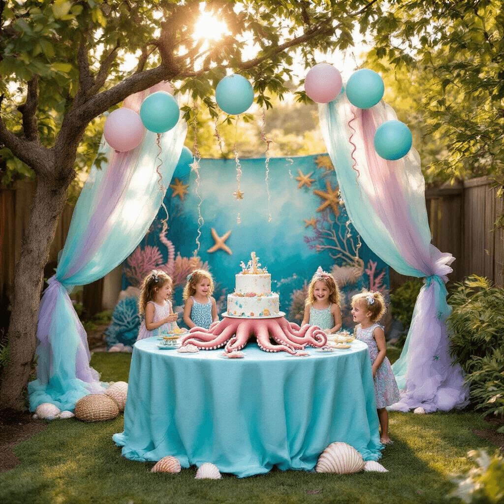 A whimsical octopus-themed birthday party in a sun-drenched backyard, featuring an aqua blue table with a large octopus cake, balloon tentacles hanging from trees, and children playing near a DIY photo booth with a coral reef backdrop, all illuminated by warm golden hour sunlight.