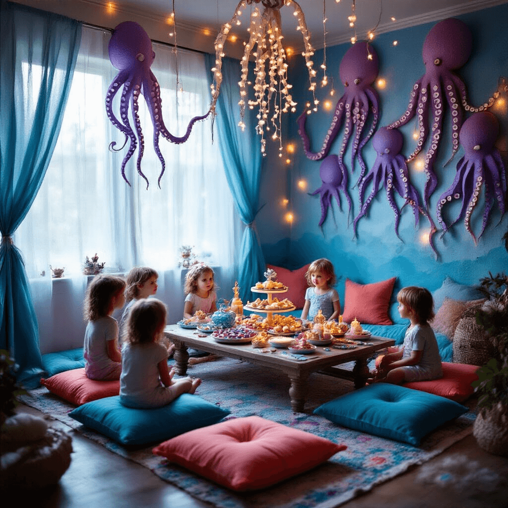 An enchanting indoor scene featuring a cozy living room transformed into an underwater grotto for an intimate octopus party, with walls decorated in paper tentacles of blue and purple, a low table surrounded by coral and aqua cushions, a whimsical spread of sea-themed treats on tiered stands, and children marveling at the atmosphere enhanced by twinkling LED string lights and natural light through gauzy curtains.
