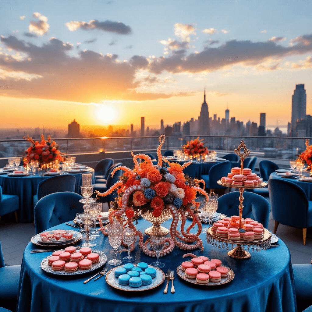 A luxurious rooftop terrace celebrating an octopus-themed party at sunset, featuring shimmering blue silk tables with coral-hued floral centerpieces, an overflowing ocean-inspired dessert cart, velvet seating in deep sea tones, and panoramic city views warm with golden hour lighting.
