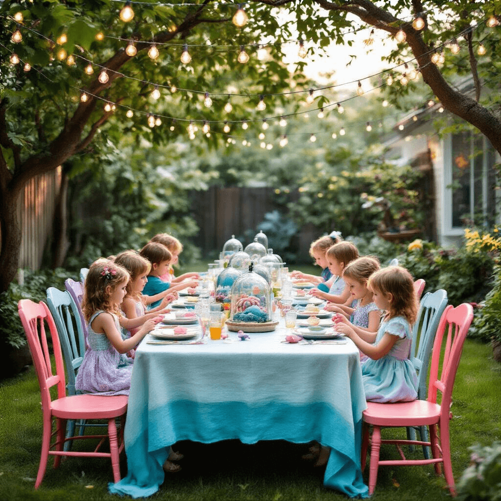 An enchanting octopus-themed garden party set in a lush backyard, featuring a long farmhouse table draped in ombré linens, mismatched coral and lavender chairs, and whimsical glass cloches with miniature underwater scenes, all illuminated by fairy lights in the soft light of early evening as children engage in crafting sea creature puppets.
