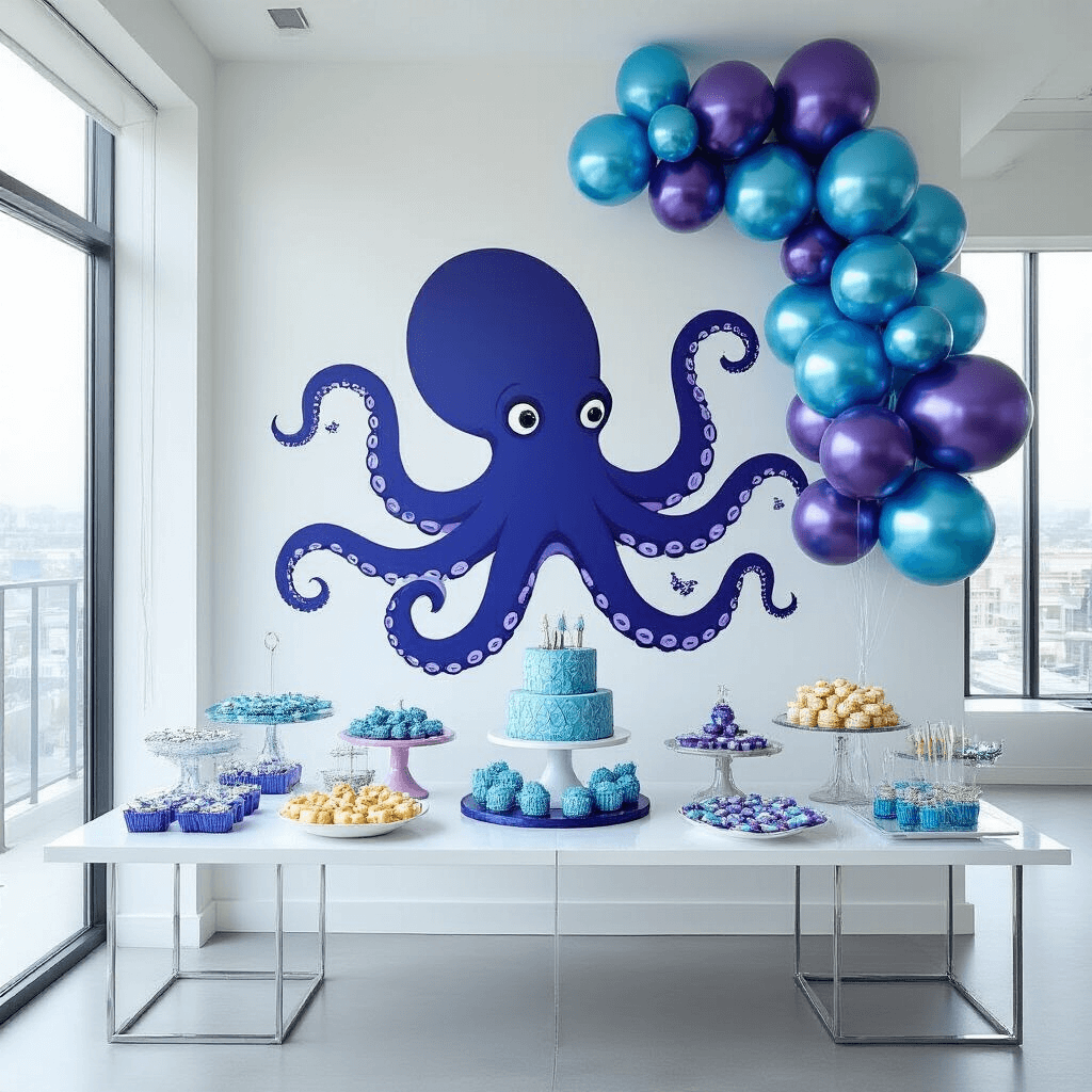 A modern apartment decorated for an octopus-themed party, featuring oversized blue and purple tentacle decals, a geometric octopus cake on a dessert table, metallic blue balloons, and floor-to-ceiling windows letting in natural light.