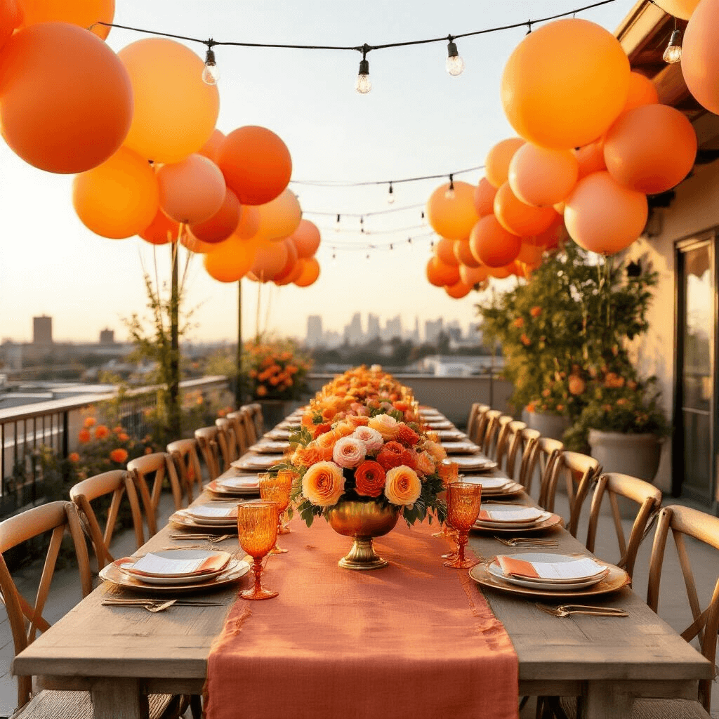 A sunlit rooftop terrace set for an elegant orange-themed birthday party, featuring a long farmhouse table with a terracotta runner, brass compotes filled with orange flowers and kumquats, gold chargers, white plates, and orange water glasses, surrounded by clusters of oversized balloons and string lights.