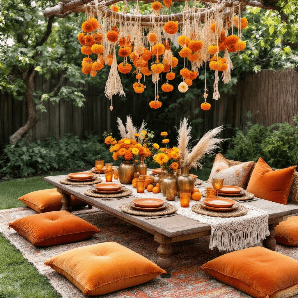 A cozy backyard gathering featuring a low table with a macramé runner, terracotta earthenware plates, and brass vases filled with vibrant flowers, surrounded by plush amber velvet cushions. Overhead, an installation of dried orange slices, cinnamon sticks, and paper flowers filters soft morning light.