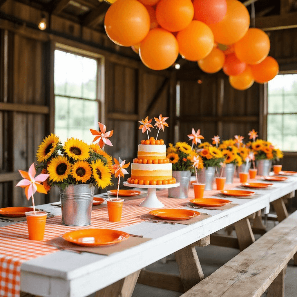 A rustic barn transformed into a vibrant orange-themed birthday party with long tables draped in white linens and orange gingham runners, adorned with galvanized buckets of sunflowers, marigolds, and pinwheels, alongside a dessert station featuring an ombré orange cake and orange candies, all under clusters of tangerine and coral balloons illuminated by Edison bulb strings.