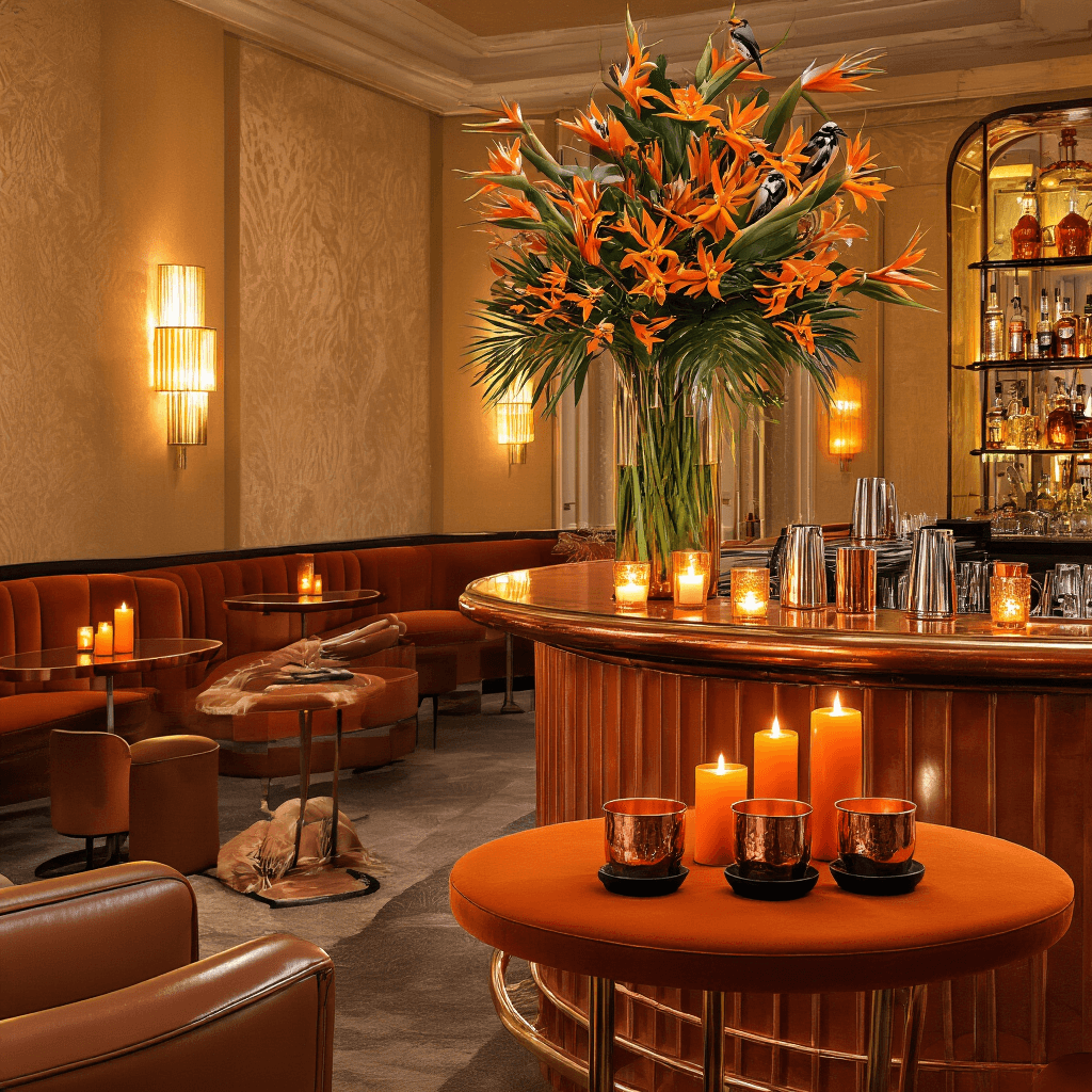 A sophisticated cocktail lounge with an amber glow, featuring a polished copper bar, orange floral arrangements, luxe velvet tables, and a cozy seating area with leather chairs and a vintage bar cart.