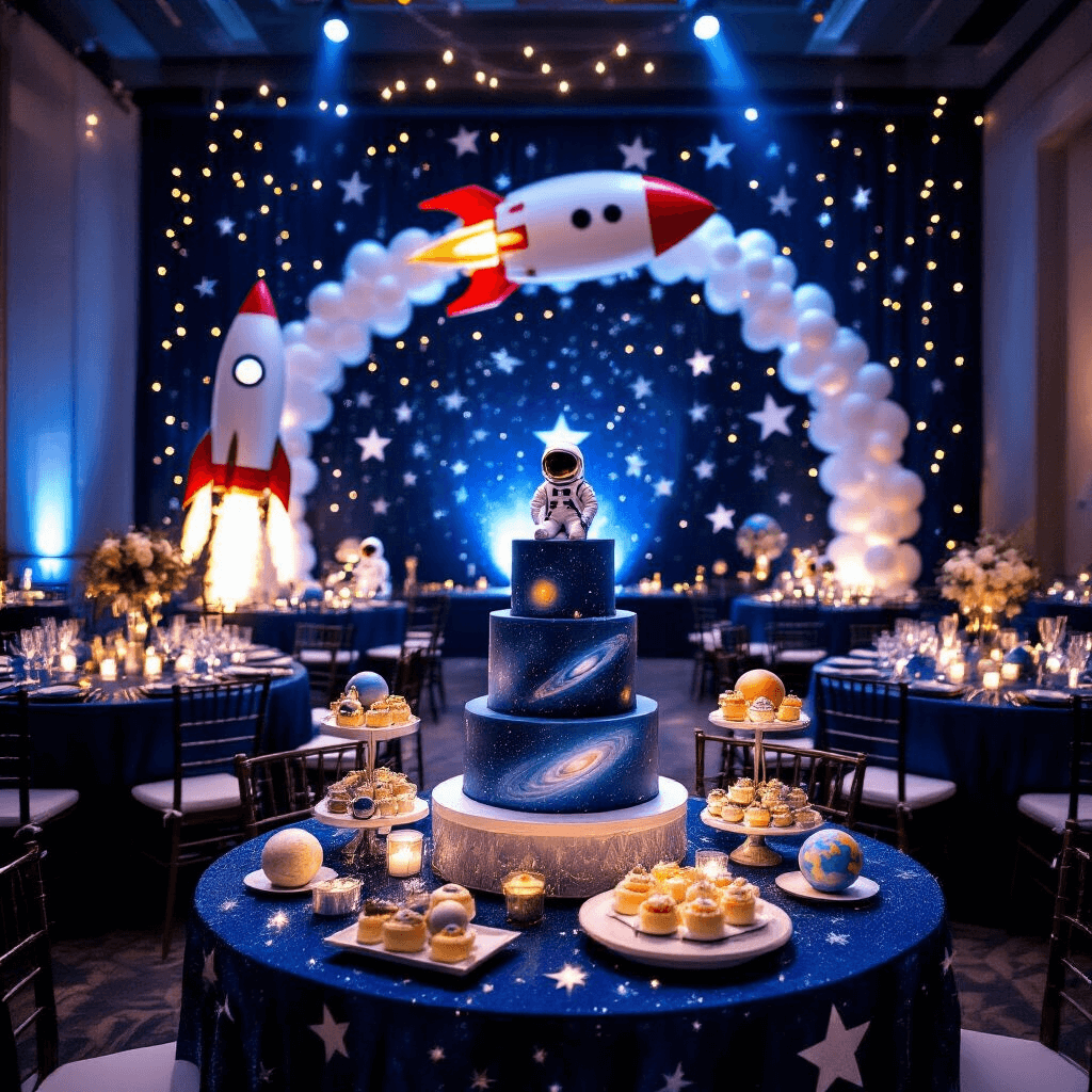 A wide-angle view of a dimly lit ballroom transformed into a cosmic wonderland, featuring twinkling fairy lights, navy walls with silver star cutouts, round tables with metallic runners and miniature solar system centerpieces, a grand rocket balloon arch, an astronaut photo booth standee, and a galaxy-themed cake surrounded by planet-shaped treats on marble stands.