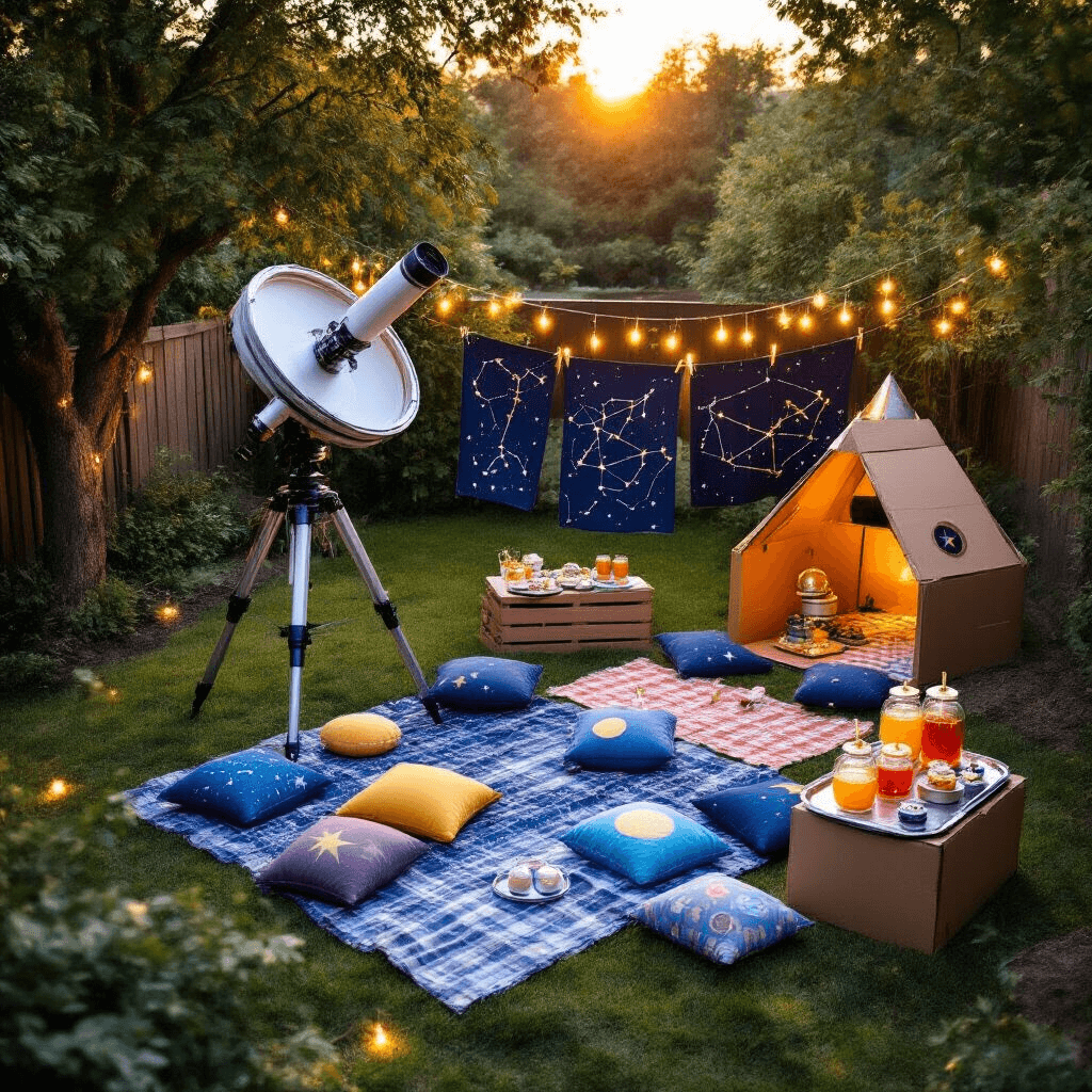 An overhead view of a backyard party at golden hour featuring a large telescope, scattered deep blue and purple picnic blankets with planet cushions, a DIY cardboard rocket ship, hand-painted constellations on a clothesline, fairy lights resembling stars, and a refreshment station with cosmic punch and astronaut helmet cake pops.