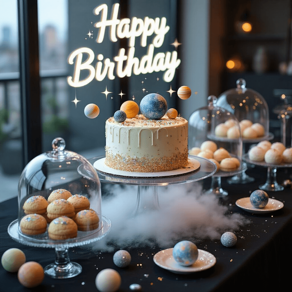 A modern apartment dessert table featuring a levitating cake with edible glitter and fondant planets on a black acrylic shelf, surrounded by moon rock cookies and asteroid cake pops under glass cloches. Dry ice creates a mist, and holographic 'Happy Birthday' lettering hovers above, enhanced by glow-in-the-dark elements and black lights for a cosmic effect.