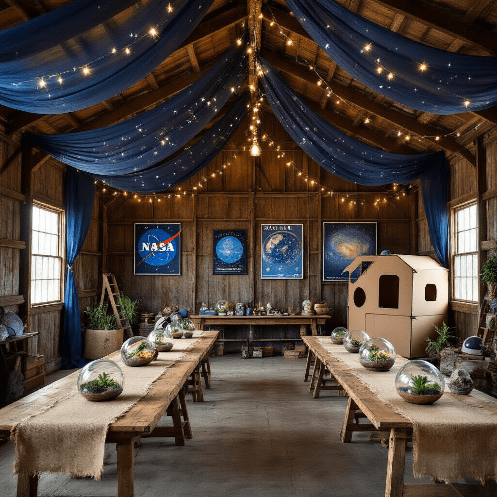 A rustic barn interior transformed into a space exploration hub, featuring wooden beams with sheer navy fabric, string lights resembling constellations, a vintage ladder with NASA and alien artwork, farmhouse tables adorned with burlap runners and terrariums with 'alien plants', and a DIY cardboard space station for children.
