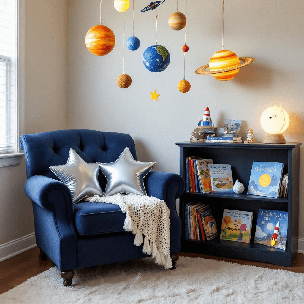 A cozy living room nook transformed into a space-themed reading corner for children, featuring a plush navy armchair with silver star pillows, a crocheted asteroid throw, and a small bookshelf filled with space-themed storybooks, glow-in-the-dark planets, and rocket ship models. A solar system mobile hangs overhead, while a moon-shaped lamp casts a warm light, creating an inviting atmosphere.