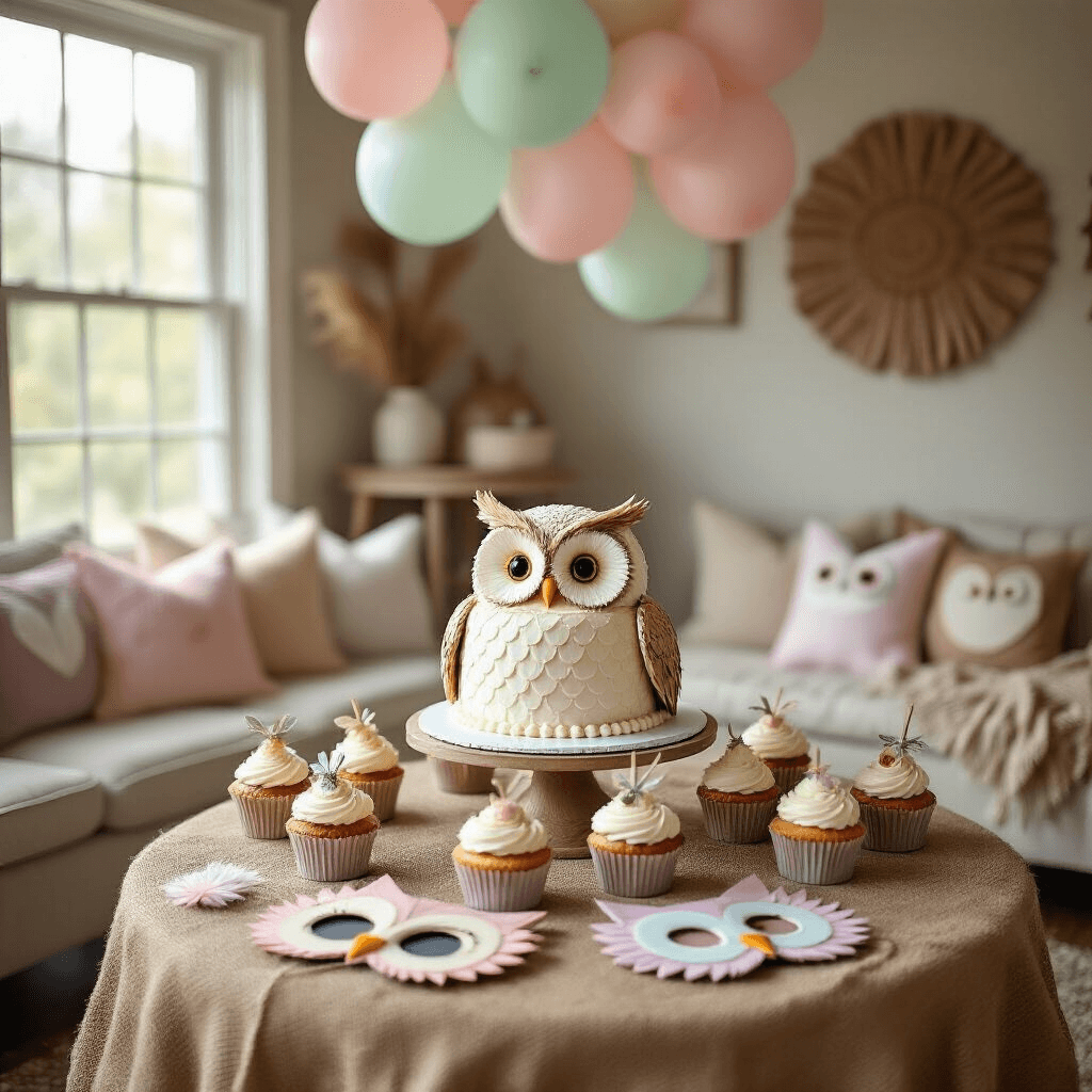 A cozy living room decorated for a whimsical owl-themed birthday party, featuring a round dessert table with an owl-shaped cake and owl-topped cupcakes, surrounded by pastel balloons and DIY owl masks, all bathed in soft afternoon light.
