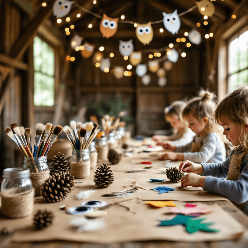 A cozy craft station in a rustic barn for an owl party, featuring a farmhouse table covered in kraft paper with mason jars of supplies, pinecones, and colorful felt, illuminated by sunlight and decorated with fairy lights and paper owl cutouts. In the foreground, small hands are crafting a pinecone owl.