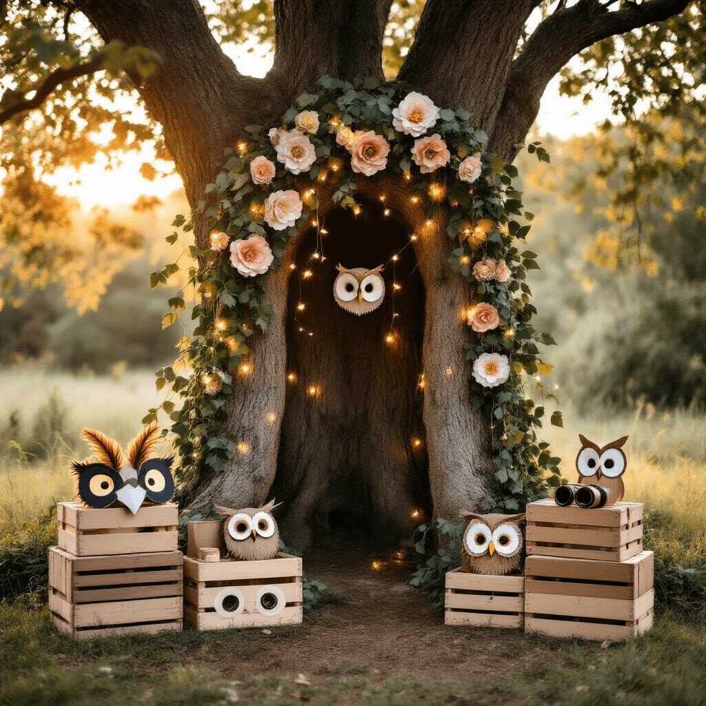A whimsical outdoor owl party photo booth featuring a hollow tree trunk backdrop adorned with silk ivy, fairy lights, and oversized paper flowers, with owl-themed props arranged on wooden crates, all illuminated by warm golden hour light.