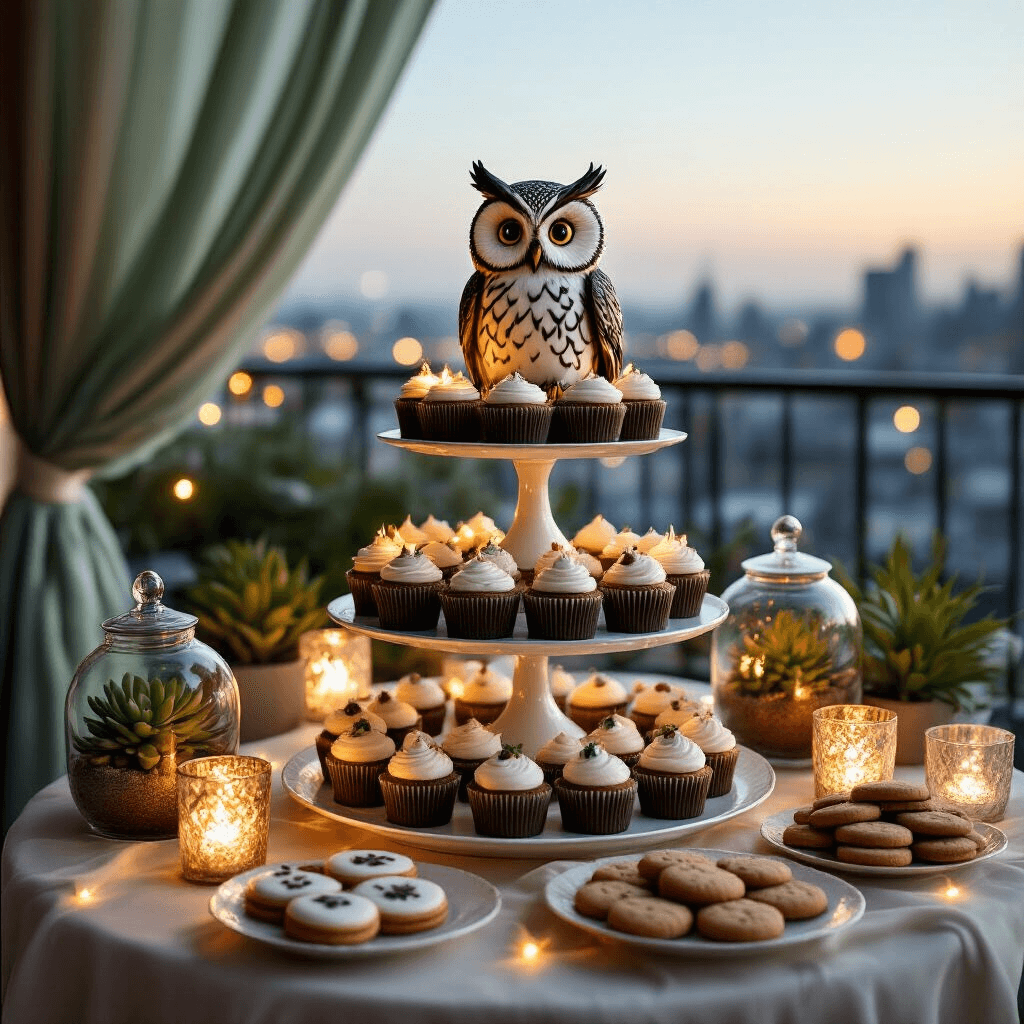 An elegant owl-themed dessert display on a rooftop terrace, featuring a tiered cake stand with an intricately decorated owl cake, themed cupcakes, and cookies, surrounded by mercury glass candle holders and terrariums with succulents. Softly billowing sheer drapery in sage and cream frames the scene, illuminated by warm string lights against a backdrop of twinkling city lights.