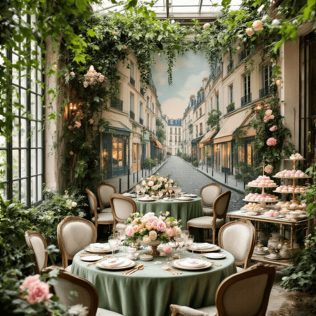 An intimate indoor garden party featuring a hand-painted Parisian street mural, mismatched antique chairs around sage green velvet tables, fine china with gold cutlery, a dessert cart filled with pastel macarons and pastries, lush hanging plants, and soft LED lighting.