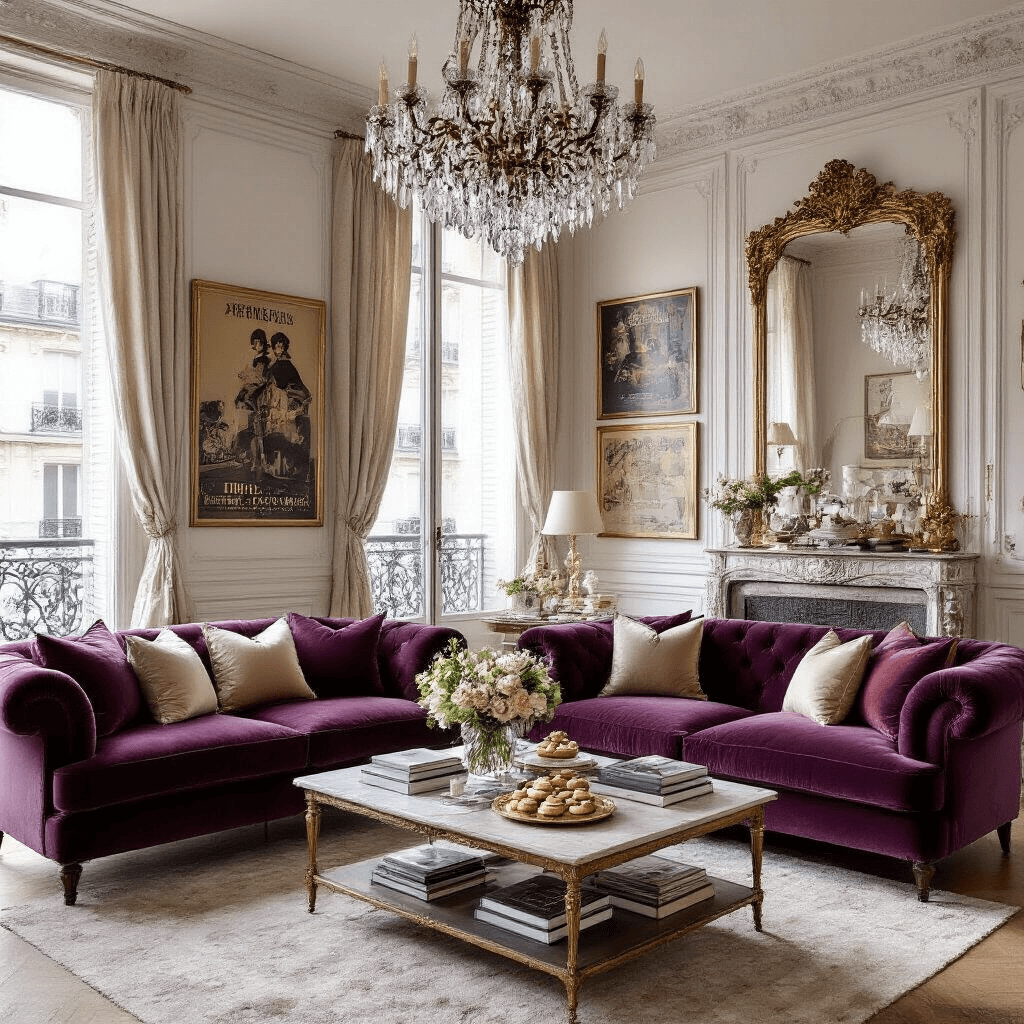 A luxurious Parisian-inspired living room filled with soft morning light, featuring a statement chandelier, plush velvet sofas in jewel tones, a stylish coffee table with art books and fresh flowers, and a gilded mirror reflecting vintage posters and a gallery wall.